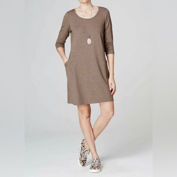 J. Jill Dresses & Skirts - J. Jill Scoop Neck A-line Dress Pockets 3/4 Sleeve Driftwood Heather Tan Size XL